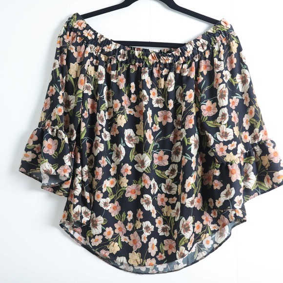 Topshop Tops - TopShop Off Shoulder Ruffle Bell Sleeve Black Floral Top Size 6